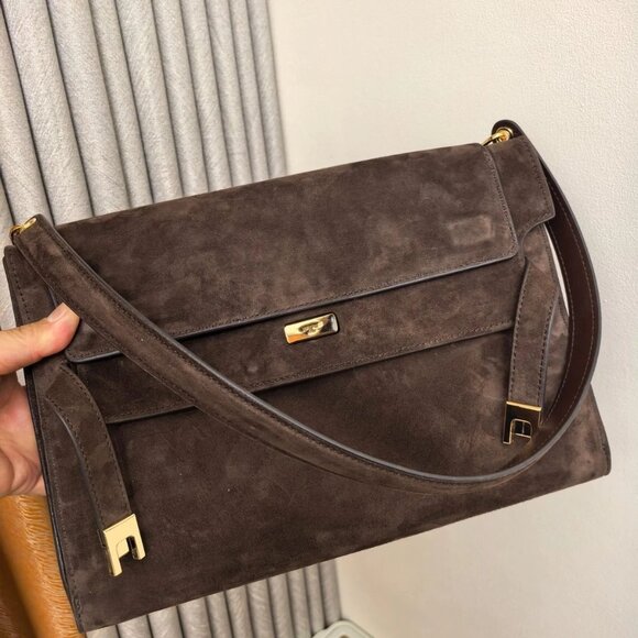 Auth Tory Burch Large Lee Radziwill Suede Shoulder Bag Dark Cocoa - Picture 7 of 9